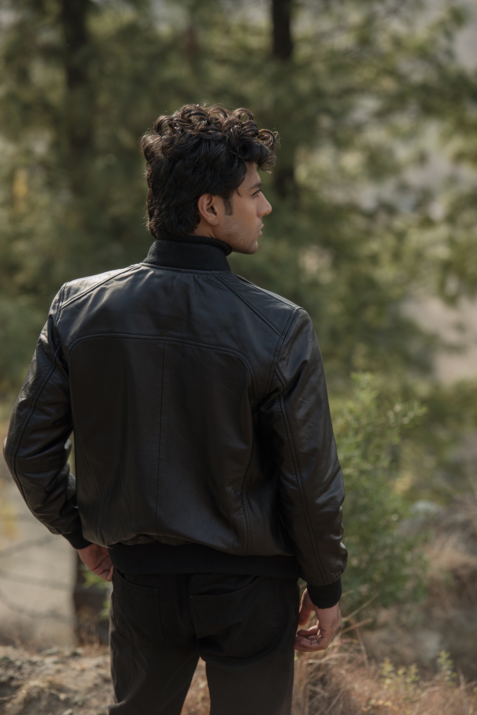 Custom Chris Black Leather Bomber Jacket